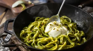 Diese Pistazien-Pesto-Pasta mit cremiger Burrata schmeckt wie in meinem Italien-Urlaub