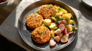 Neue Idee der Ernährungs-Docs fürs Mittag: Vegane Frikadellen mit Kartoffelsalat, richtig lecker